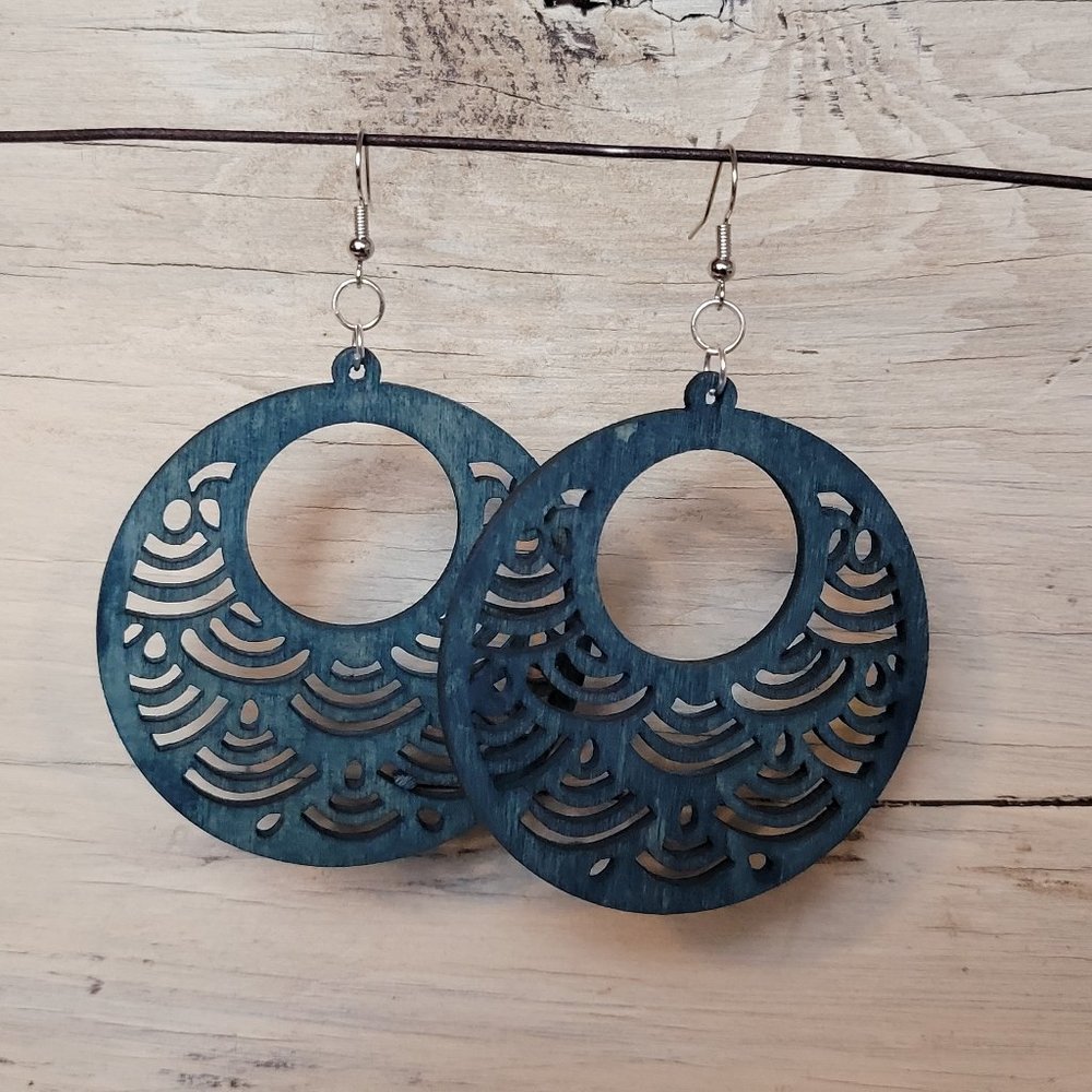 Wood Earrings - Teal Round Waves